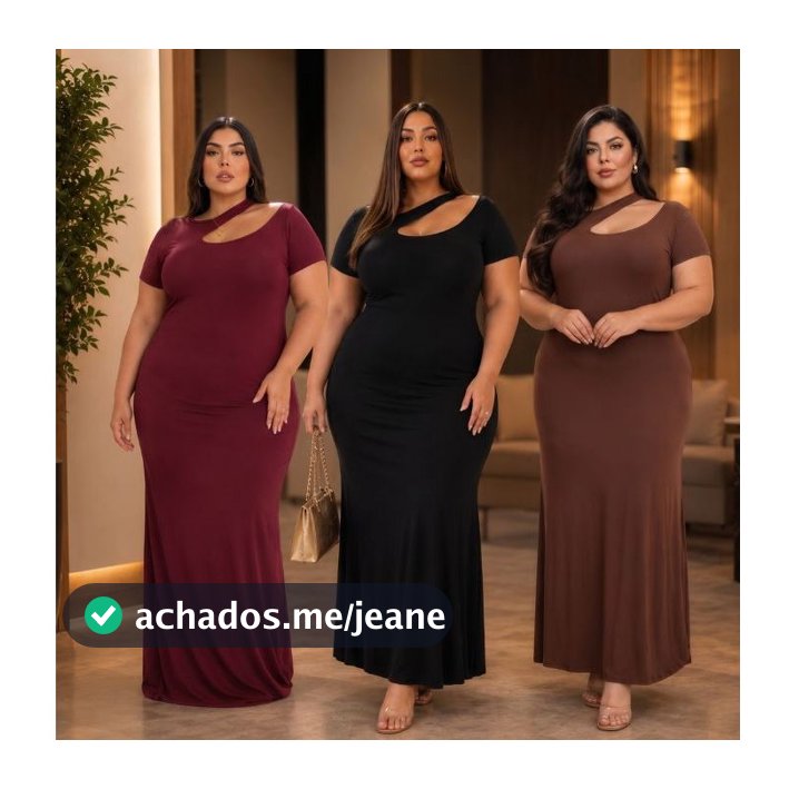 Vestido Longo Plus Size Liso Decote Cut Out Moderno Fendas Laterais Elegância Sofisticada Curve