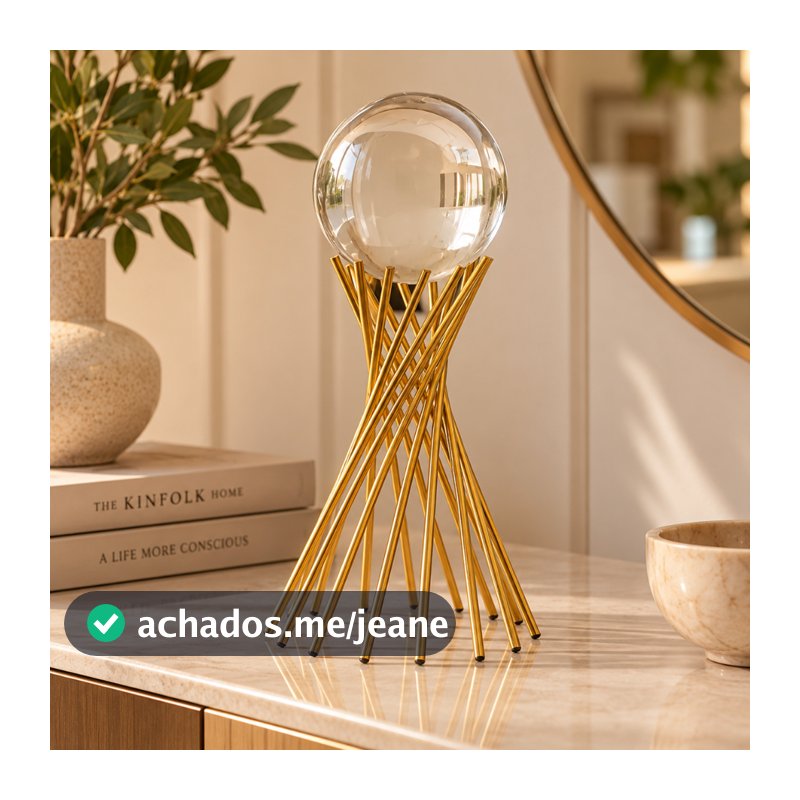 Escultura Luxo Decorativa Dourada com Esfera de Cristal Maciço