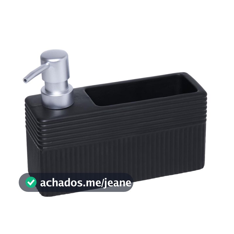 Porta Detergente Líquido Velinea 490ml com Suporte para Esponja Preto Cerâmica Lyor para Pia Cozinha Organização Prática