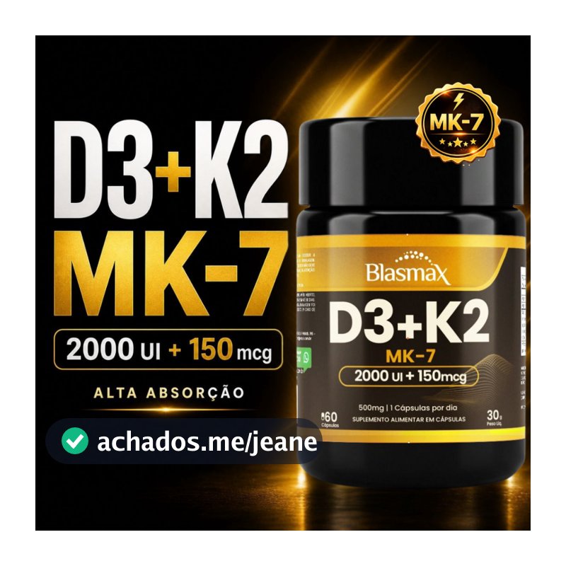Vitamina D3 2000UI + K2 MK7 150mcg Alta Absorção 60 Cápsulas Original Ossos Cálcio - Blasmax