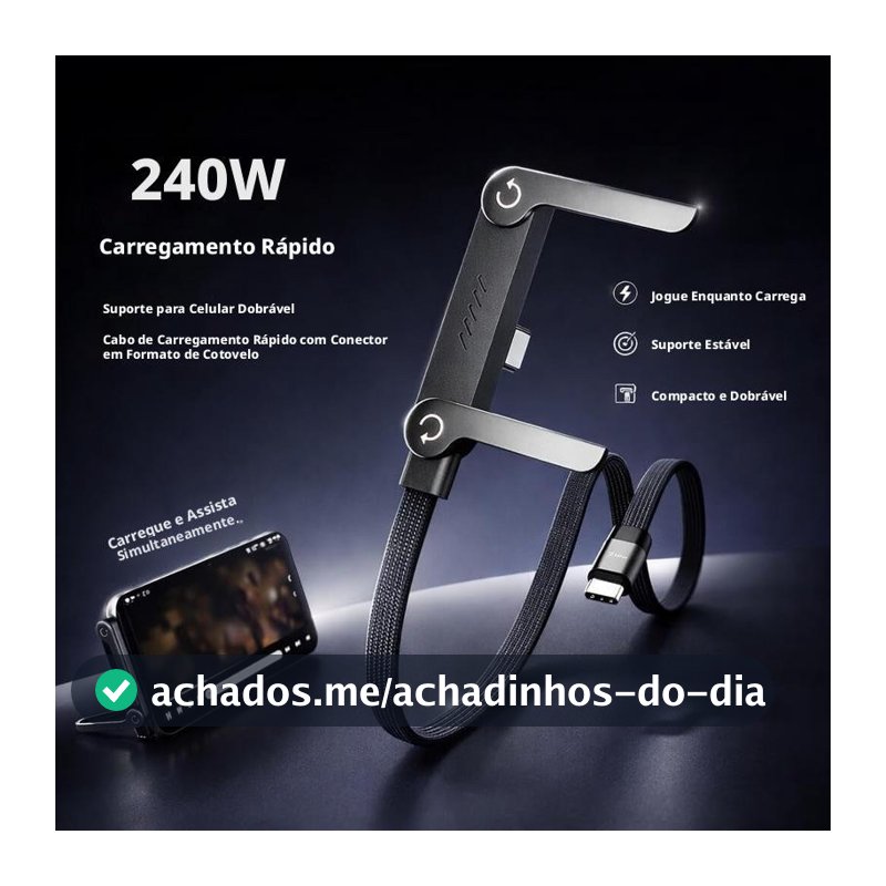 Cabo Carregador Invisível 2 em 1 240W Super Rápido Duas Pontas Type-C Preto Ideal para Carro Jogos Mag Safe Suporte Dobr