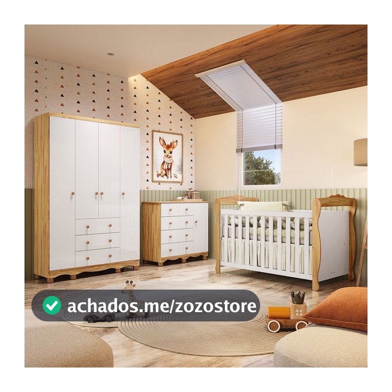 Quarto de Bebê Completo Berço 3 em 1, Cômoda e Guarda Roupa MDF Nina Espresso Móveis Branco/Amêndoa Branco