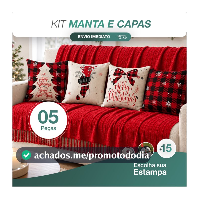 Kit Manta Decorativa P + 4 Capas de Almofadas Natalinas Estampa Digital Decoração Natal