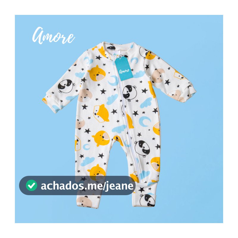 Macacão de Bebê Amore Vira Pé Raposa Com Zíper 100% Algodão