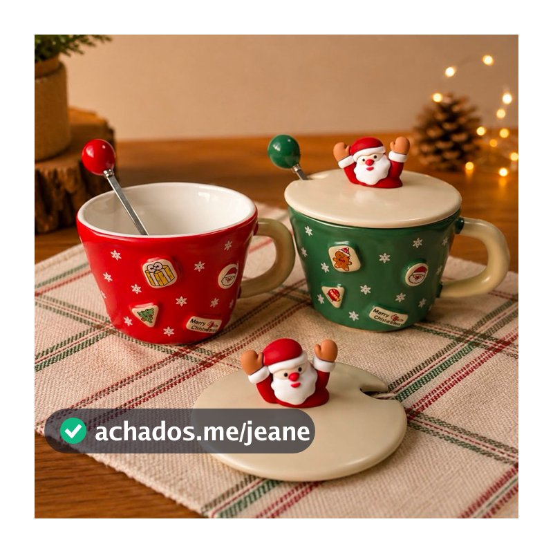 Caneca Com Tampa E Colher de Natal Xícara Natalina De Cerâmica 400ml Design Papai Noel