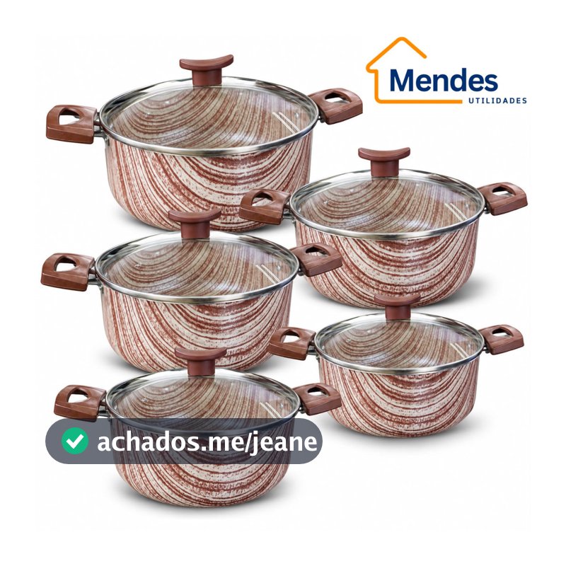 Conjunto de Panelas Caçarolas 5 peças 6 Camadas de Antiaderente com Tampa Vidro Cor Madeira Marrom