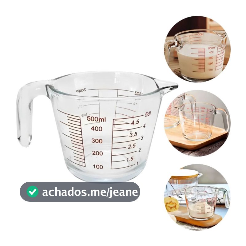 Jarra Medidora Copo De Vidro Temperado 500ml Alça Receitas Cozinha Resistente Graduada ML OZ