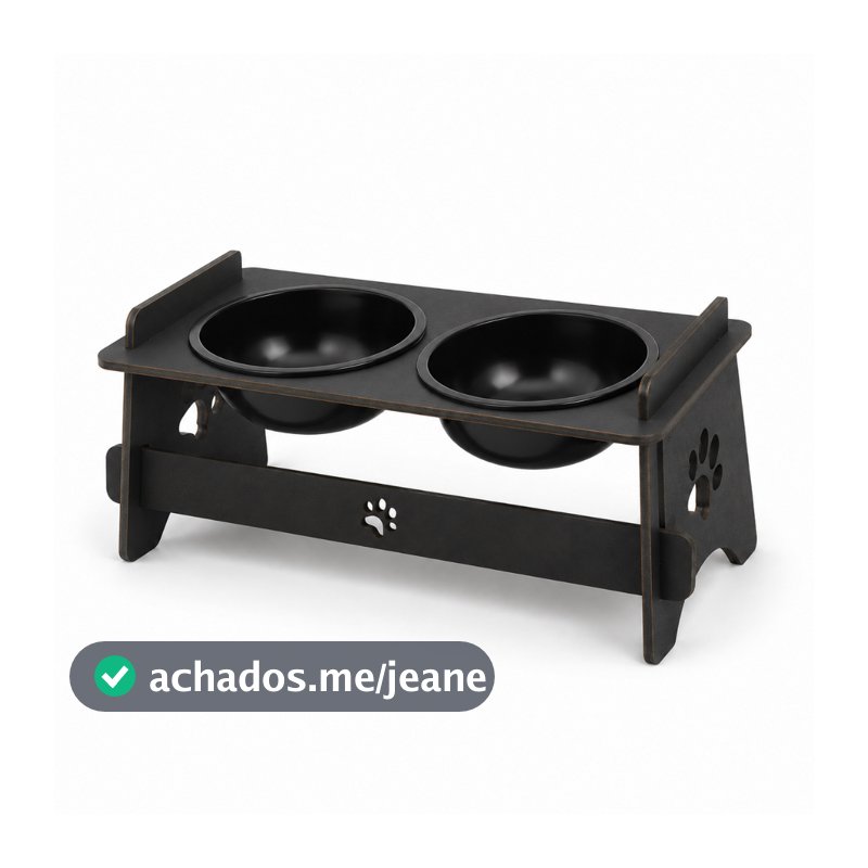 Comedouro Pet Elevado Inclinável MDF Cães e Gatos 2 Potes Tigela Tampa Ração Água