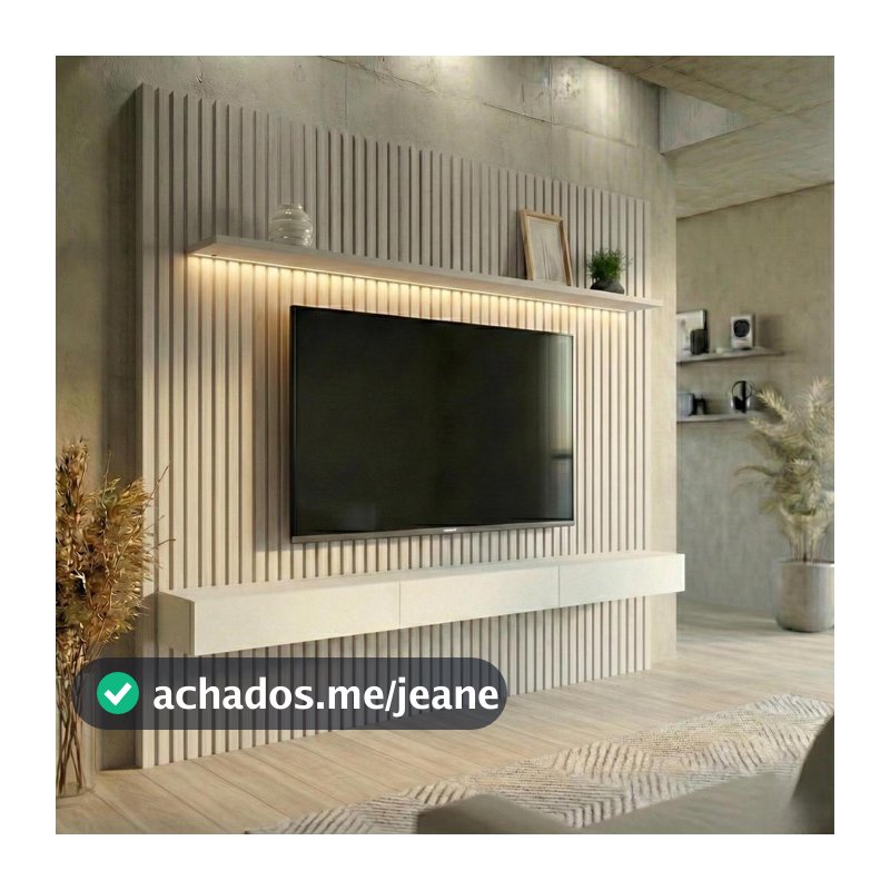 Painel Ripado com Rack Suspenso até 70 Polegadas Tulum com LED 1 PT 2 GV Off White Alt 218 Larg 222 cm