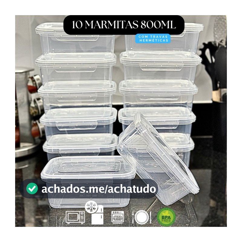 Kit 10 Marmita Potes 800ml com Travas Laterais BPA FREE - Alimentos organizadores de congelador