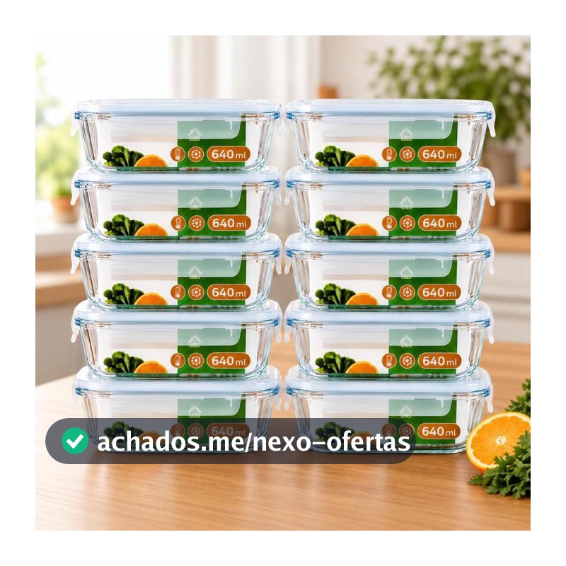 Kit 10 Potes de Vidro Herméticos 640ml Marmita 4 Travas para Freezer Air fryer Forno e Micro-ondas Super Vedação Fitness