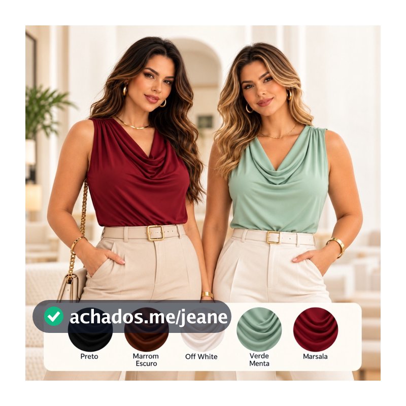 Blusa Regata Feminina Gola Boba Drapeada Elegante Social Casual Caimento Modelador Tendência Blogueira Moda Gringa