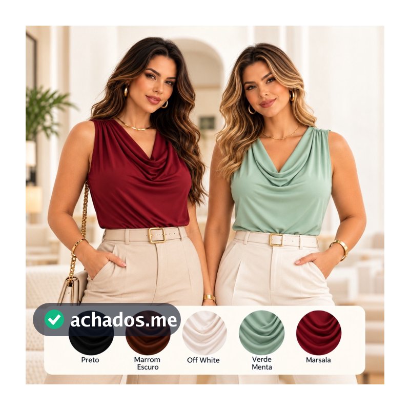 Blusa Regata Feminina Gola Boba Drapeada Elegante Social Casual Caimento Modelador Tendência Blogueira Moda Gringa