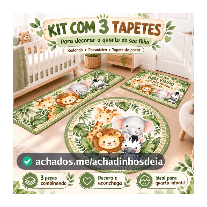 Kit 3 Tapetes Infantil Quarto Bebê Antiderrapante Redondo Passadeira Porta Decoração Várias Estampas Kit Completo