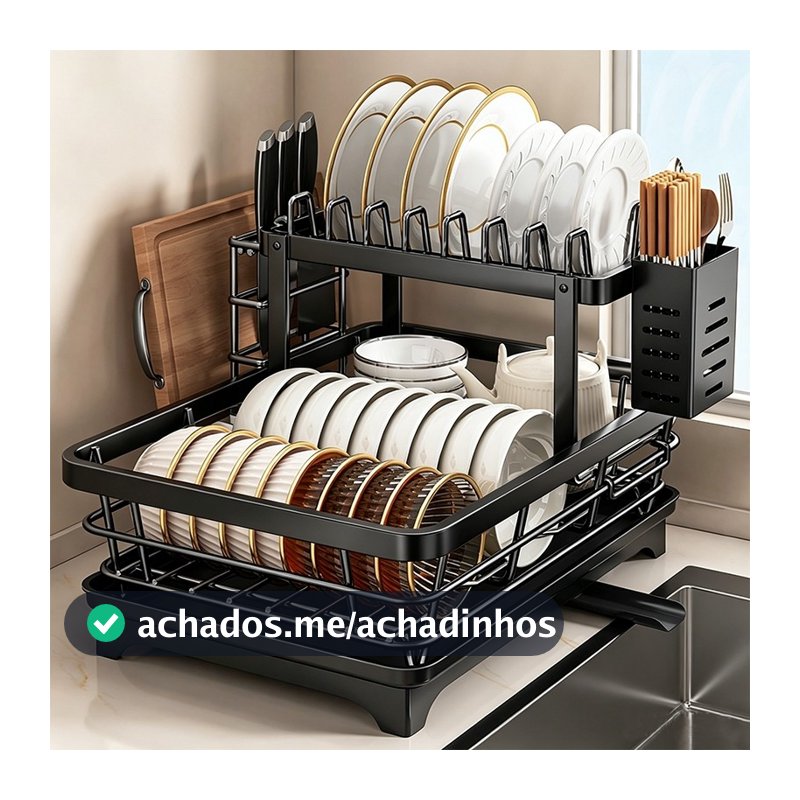 Escorredor de louças, organizador pia, suporte duplo cozinha, aço carbono c/ porta-talheres