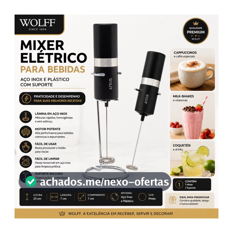Mixer para Bebidas de Aço Inox e Plástico com Suporte - Wolff