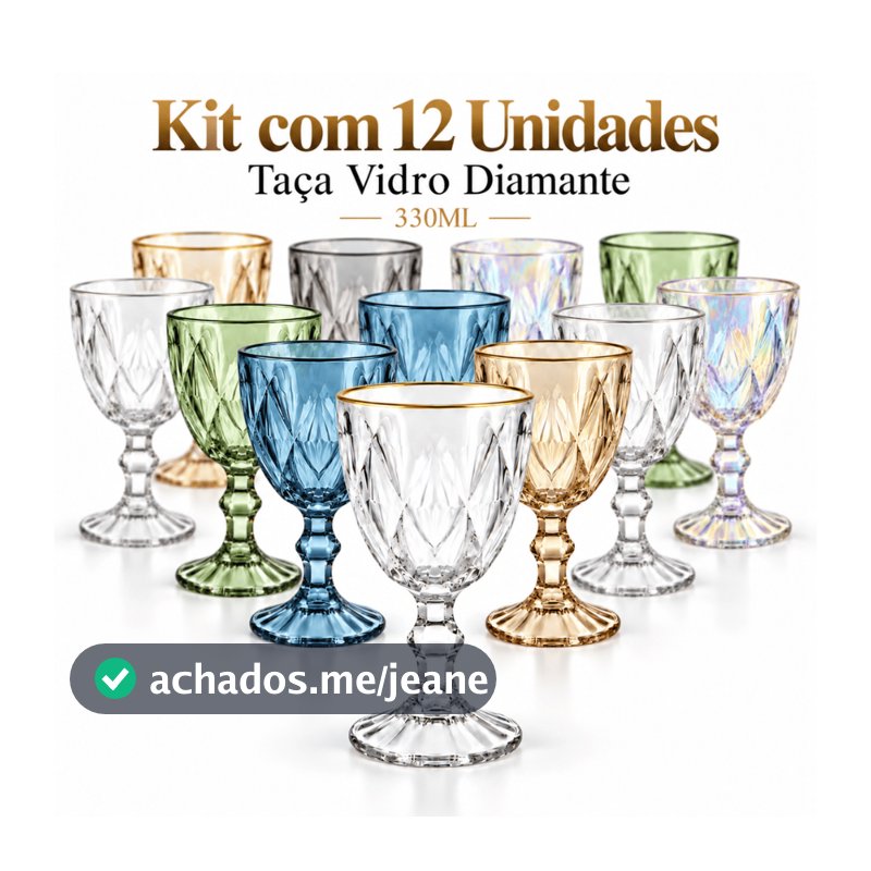 Jogo de 12 Taças de Vidro Diamante 330ml Borda Dourada Transparente