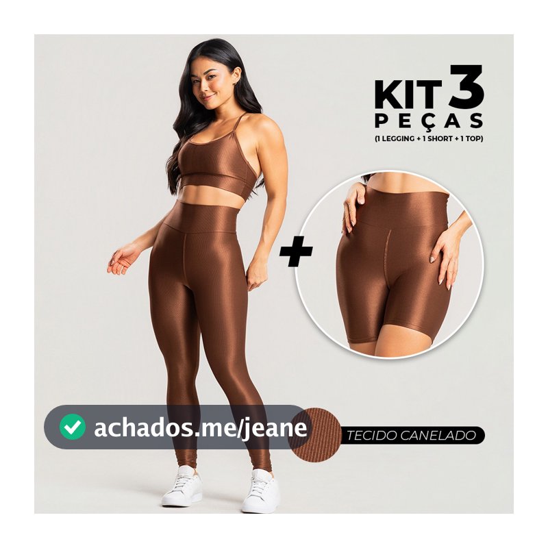 Kit 3 Peças Academia Feminino – Conjunto com Legging, Short e Top Brilhoso Confortável