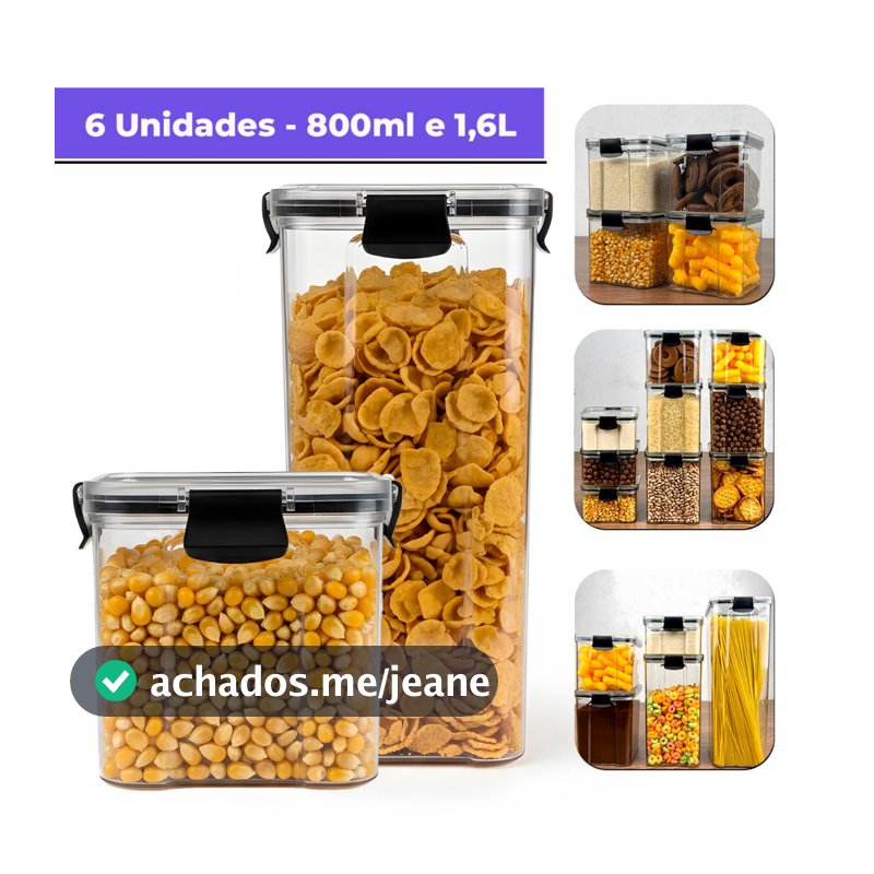 Kit 6 Potes Herméticos 2 Potes 1,6L + 4 POTES 800ml Com Trava Reforçada 100%