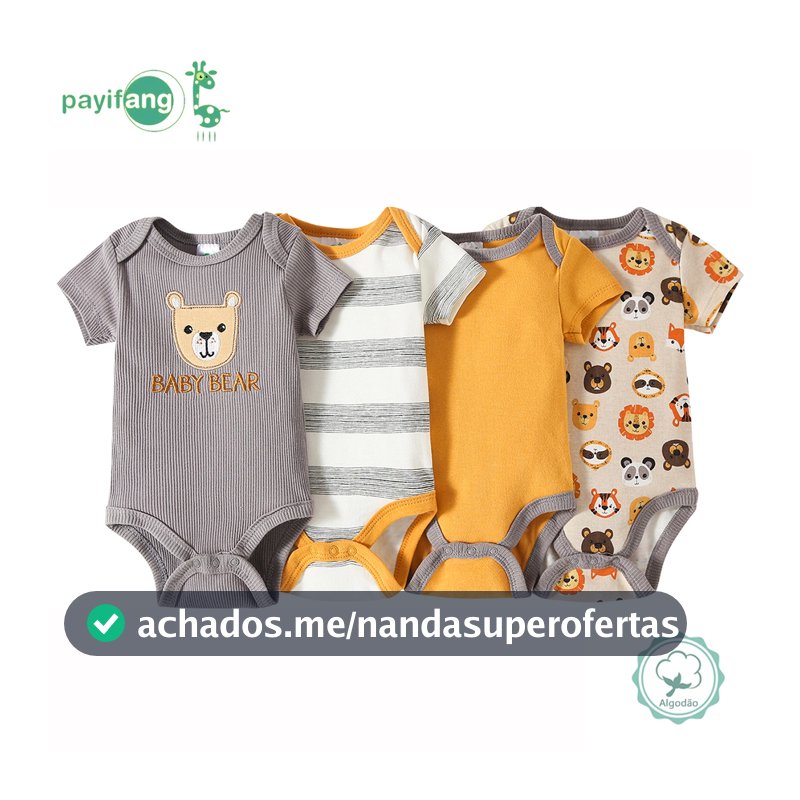 Kit 4 Body de Bebê Menino Manga Curta 100% Algodão Urso Estampado Animais Macio Confortável Dia a Dia