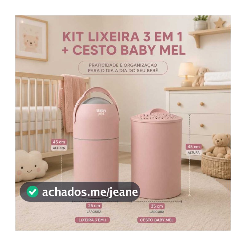 kit lixeira antiodor e cesto 15L de roupa Baby Mel anti viral para fralda descartavel enxoval