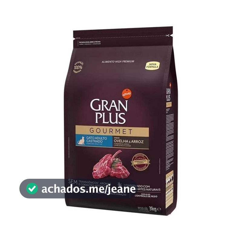 Ração Seca GranPlus Gourmet para Gatos Castrados Sabor Ovelha e Arroz 3Kg