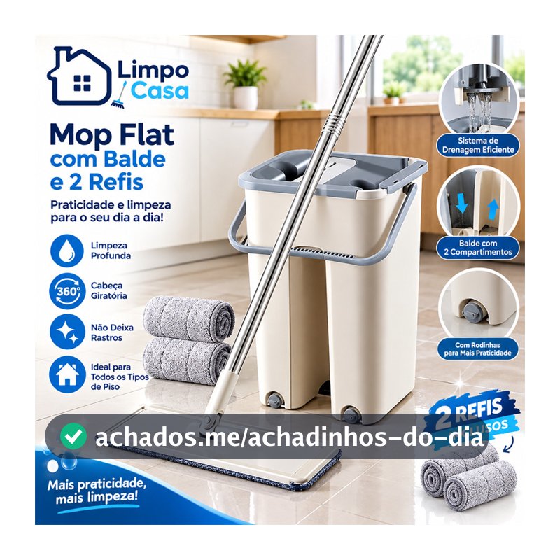 Mop Flat Balde 6 litros Com 2 Refis Com Cabo Extensivel Inox，Lavagem e remoção de poeira