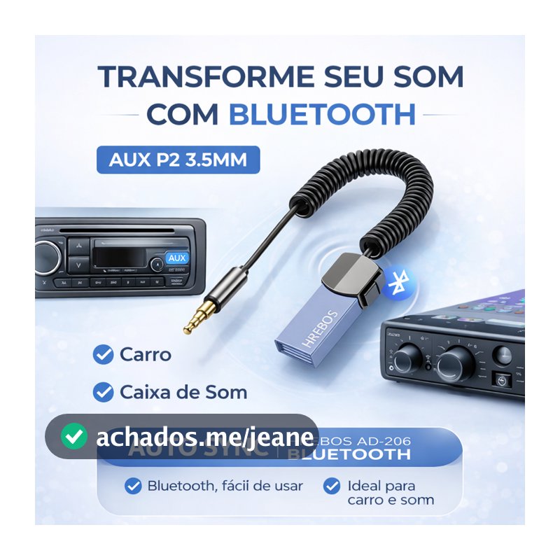 Adaptador Buetooth de Áudio para Entrada Auxiliar P2 3,5 mm Mic Auto Sync Hrebos AD-206 Receptor