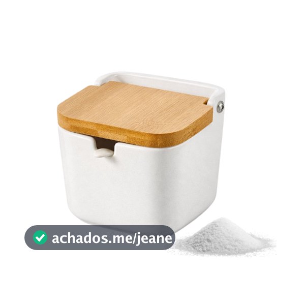 Saleiro com Tampa de Bambu e Colher Porta Sal Cerâmica Açucareiro de Mesa Cozinha
