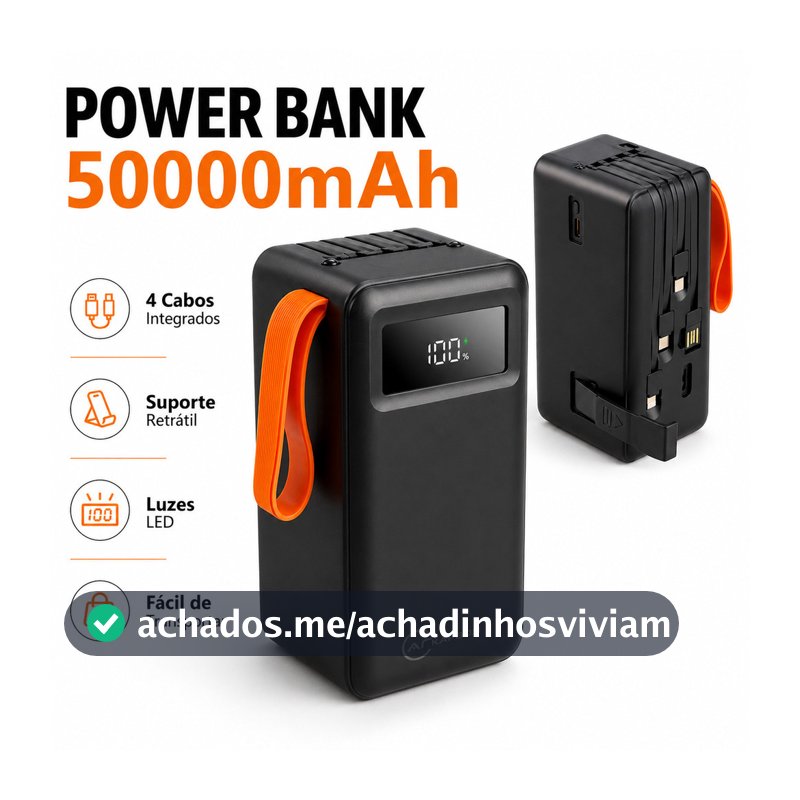 Power Bank 50000mAh Turbo 22.5W PD com Cabos Integrados 4 em 1 e Lanterna LED – Carregamento Rápido