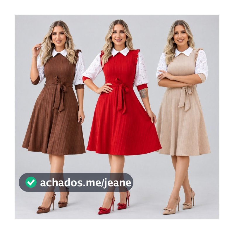 Vestido Midi Rodado Gola Flat Manga Princesa 3/4 Laço na Cintura, Babado Ombro Moda Evangélica