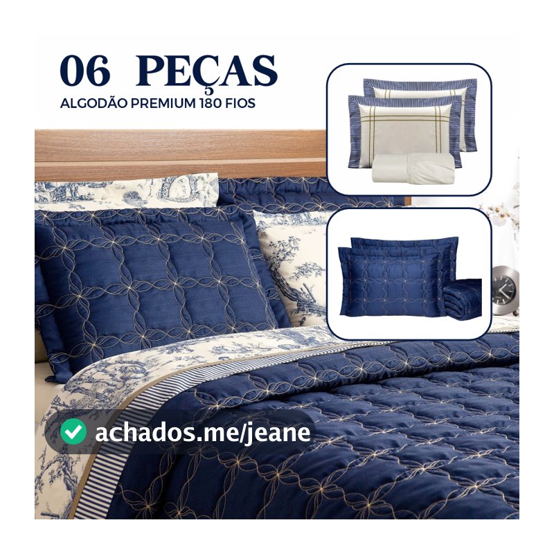 Cama Colcha Cobre Leito 06 Peças Casal/Queen/KING  + Jogo de Lençol Moderno Premium Estampa Porcelana