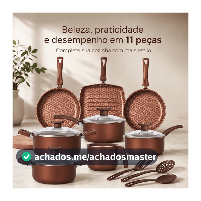 Jogo de Panelas Antiaderente 11 Peças com Chapa Grill - Com Tampas de Vidro e Utensílios, Cabos Térmicos