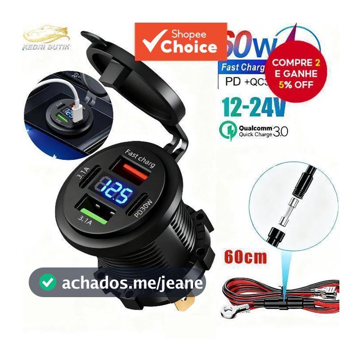 Estilo de Vida - Produto Local - 1 Conjunto Carregador de Carro QC 3.0 à Prova d'Água com Duplo USB e Dupla Tomada