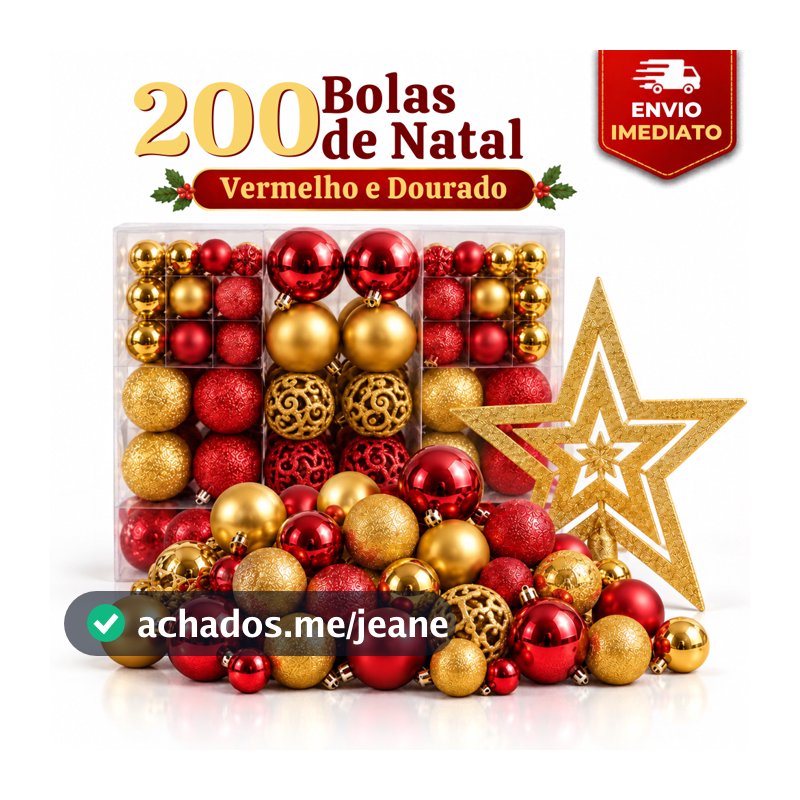 200 Bolas de Natal Vermelhas e Douradas Tamanhos Variados Glitter Foscas Lisas Acompanha Estrela Decorativa