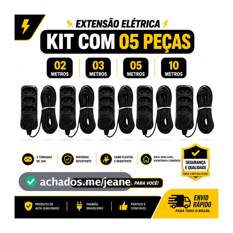 Kit 05 Extensão Tripolar Bivolt 2, 3, 5 E 10 Metros (10A - Cor Preta - 110/220V - 03 tomadas)