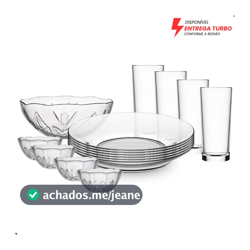 Aparelho de Jantar 19 Peças - Pratos Fundos, Copos 225ml, Tigelas 250ml e Saladeira 1,5L Em Vidro