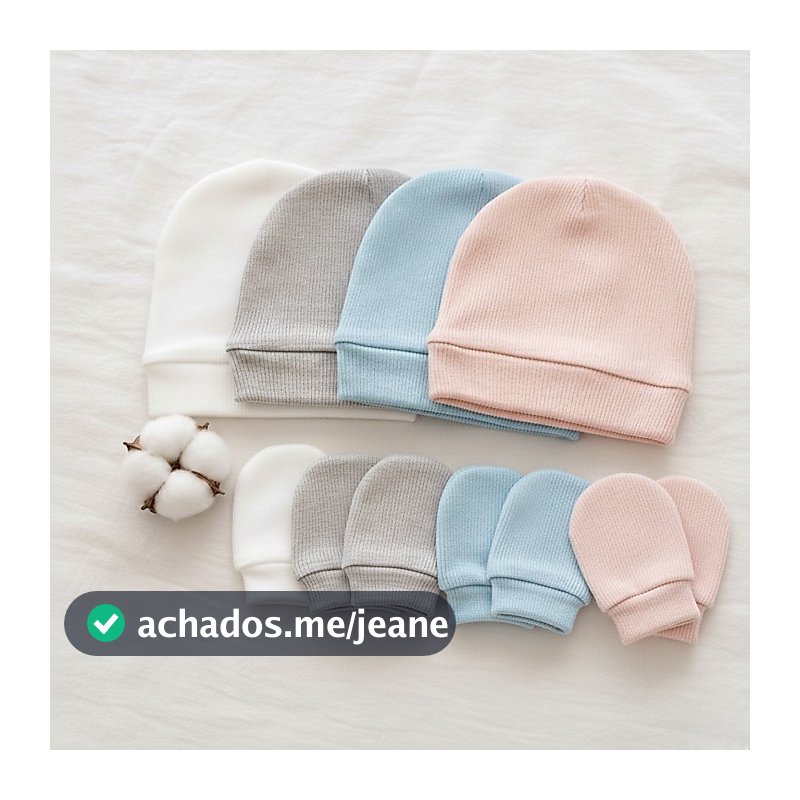 Kit 2 Toucas + 2 Pares de Luvas Bebê Recém Nascido Malha Canelada 100% Algodão Menina e Menino  Enxoval