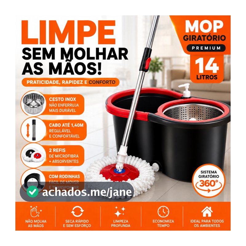 Mop Giratorio Com cabo de 140 cm Cesto Em Inox - Balde Centrífuga - C/2 Refil - Nybc