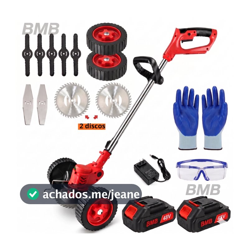 Roçadeira Aparador Cortador De Grama Elétrico Recarregável Com Rodas 2 Baterias de Lítio kit completo
