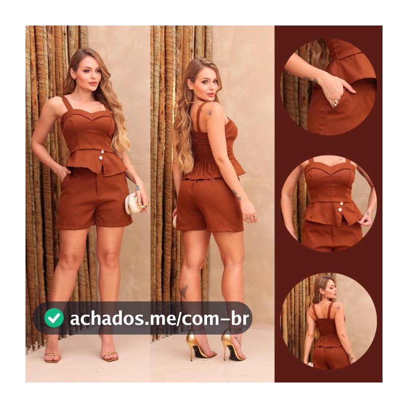 Conjunto Feminino Social com Blusa Acinturada e Short de Alfaiataria Roupa Elegante Moderna