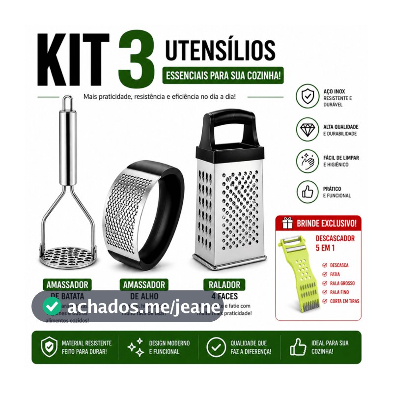 Kit 3 Utensílios Cozinha Inox Amassador de Batata, Amassador Alho Ralador 4 Faces + Descascador 5em1