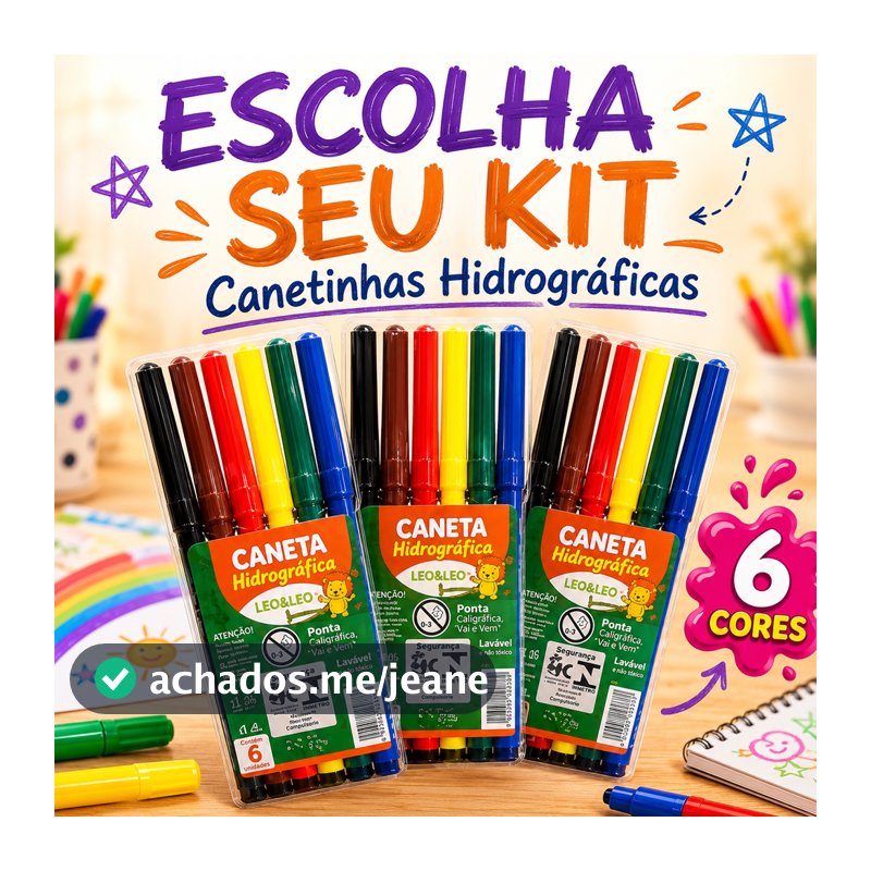 Kit 10 a 50 Estojos de Canetinhas Hidrográficas com 6 Cores - Revenda, Escolar, Lembrancinhas ✏️