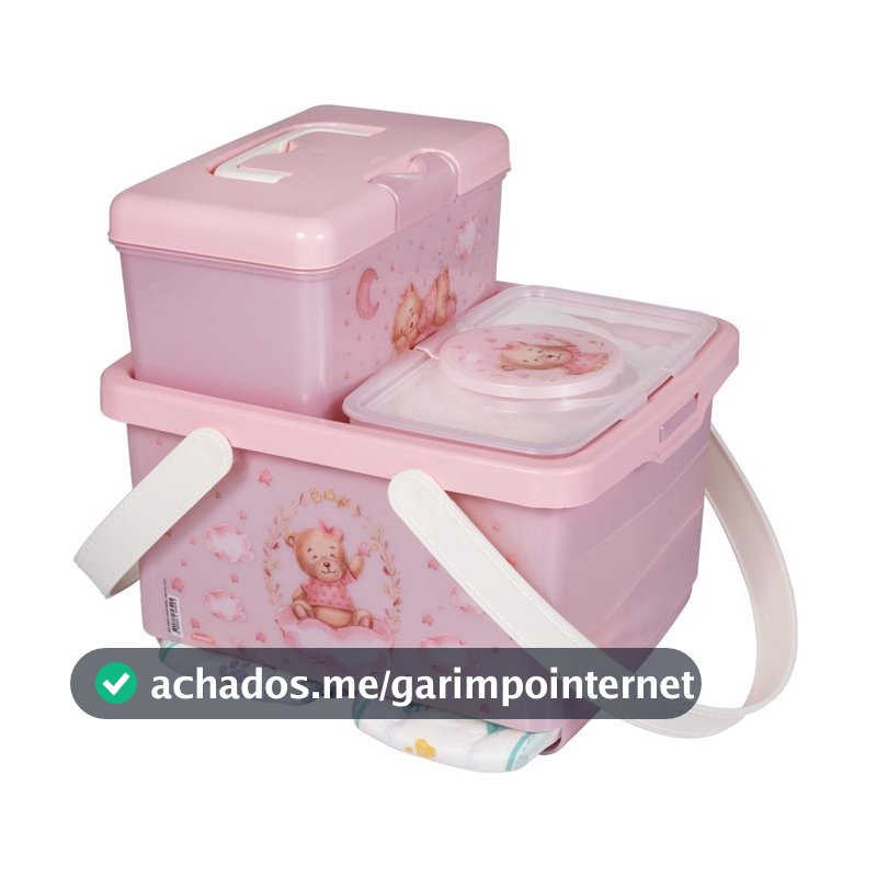 Kit Trocador Ursa Rosa 3 Peças Bebê Enxoval Lenço Fralda Caixa Plasútil