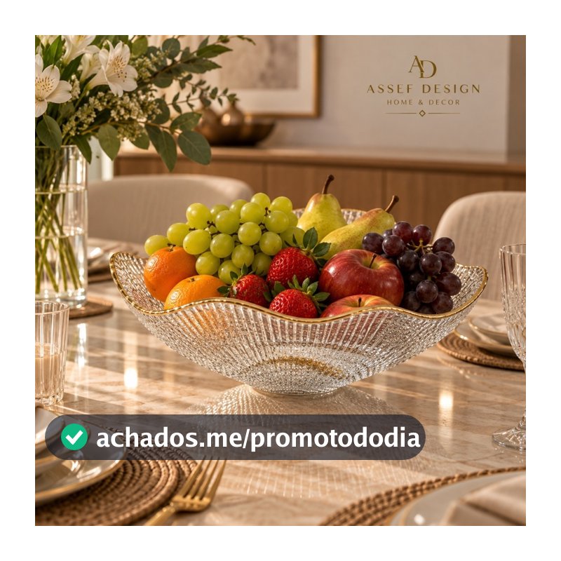 Fruteira de Acrílico Transparente Borda Dourada 25,5cm Premium | Tigela Fruteira Grande Decorativa para Mesa Cozinha