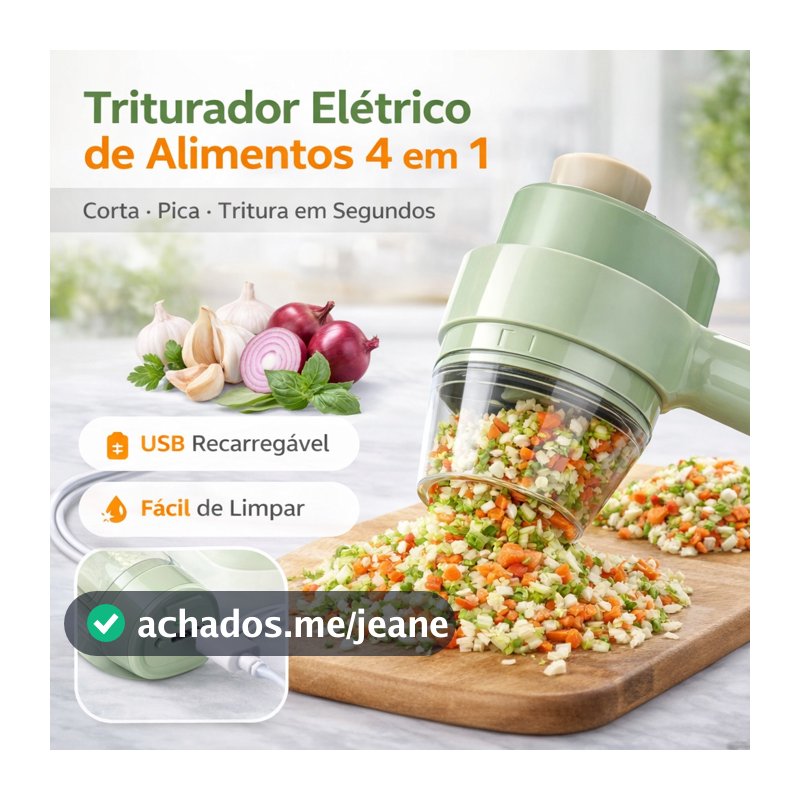Triturador Elétrico 4 em 1 USB Sem Fio Cortador de Alho e Legumes Mini Processador de Cozinha