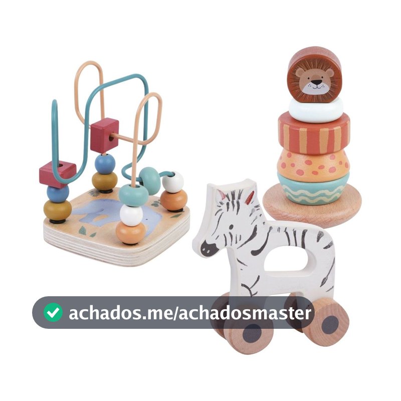 Kit 3 Brinquedos Educativo Montessori Bebê Madeira Torre Empilhar Didático Safari Wooden Maxi Baby