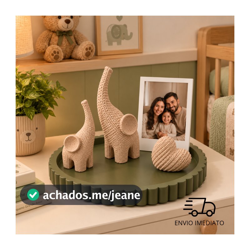 Kit decoração sala, escritório e quarto de bebê: Bandeja redonda, dois elefantes e coração porta foto efeito crochê