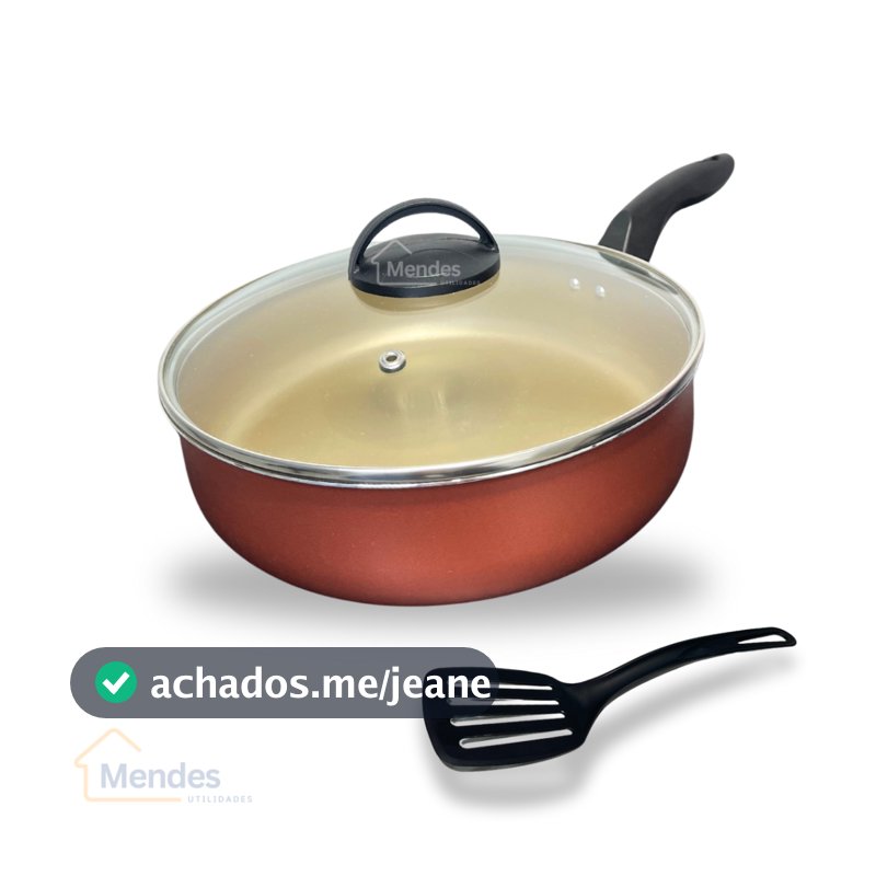 Frigideira Alta 24 cm 5 Camadas Antiaderente Teflon com Tampa de Vidro e Espátula Cor Cereja Gold