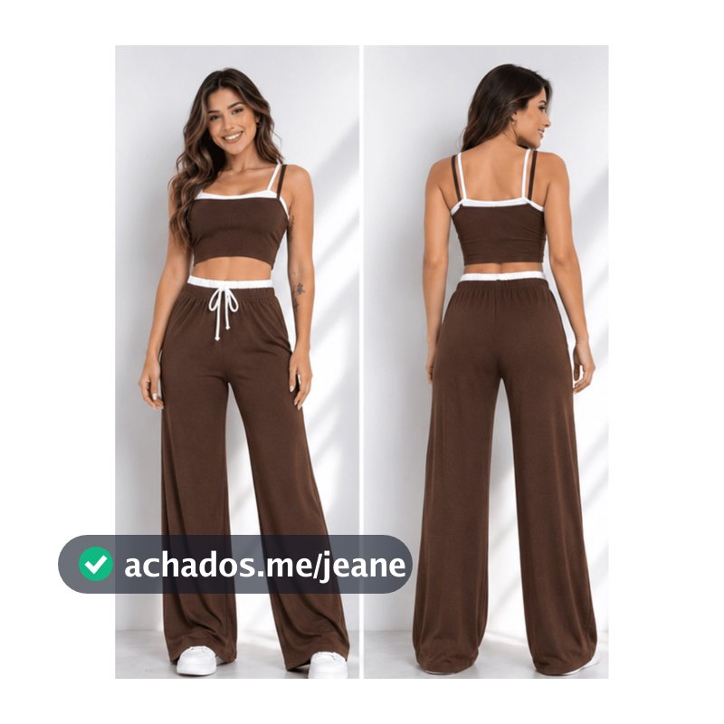 Conjunto Ribana Calça Pantalona cós alto duplo e Top alcinhas dupla P ao G1